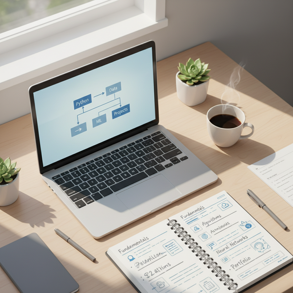 Beginner roadmap for learning AI with laptop, notes, and flowchart