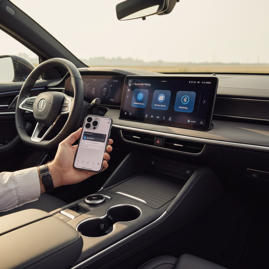 Driver pairing iPhone to car Bluetooth on infotainment screen while parked