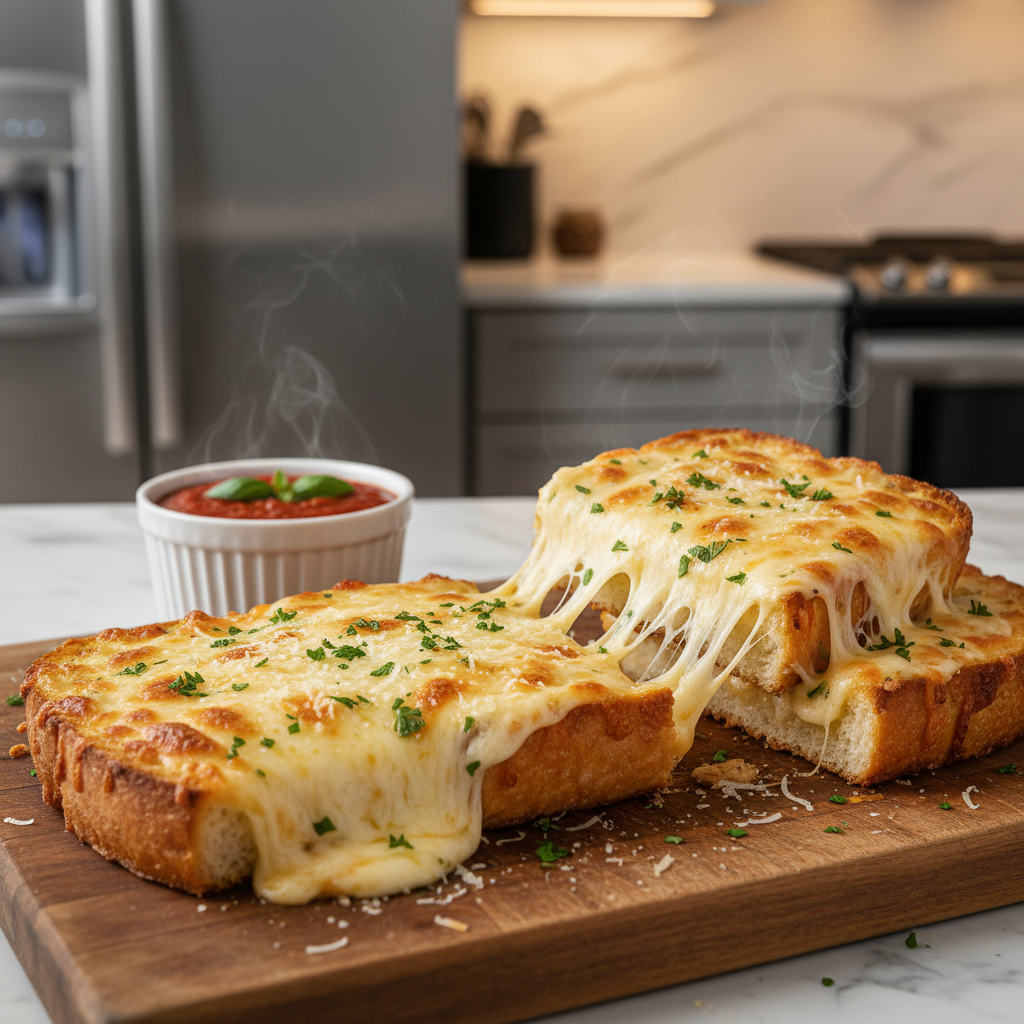 Garlic bread topped with melted cheese and herbs