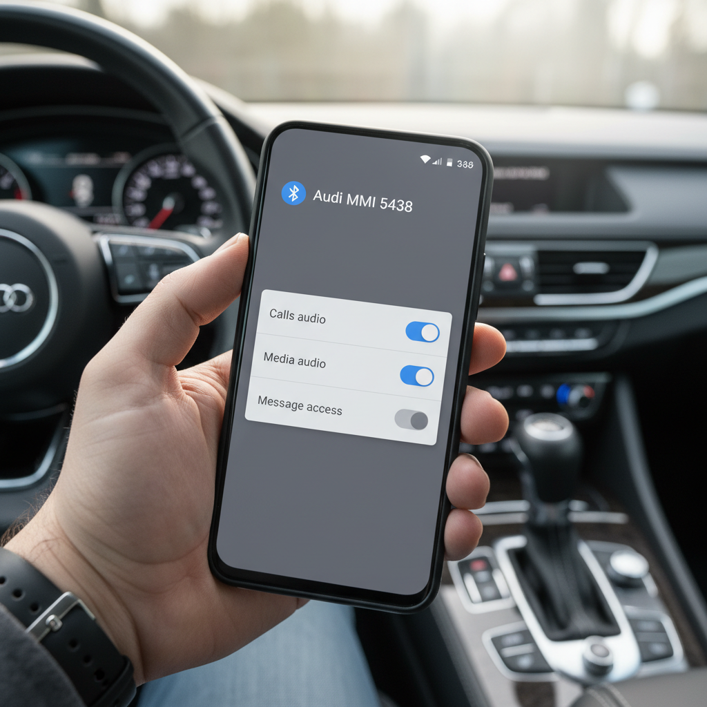 Bluetooth device settings on Android showing calls and media audio toggles for a car