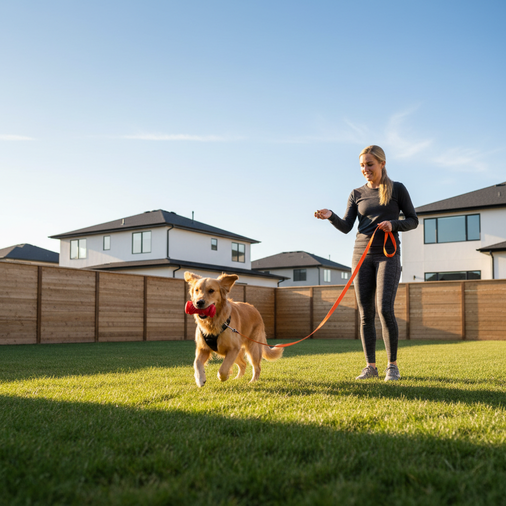 Dog practicing fetch in a backyard on a long line with safe control