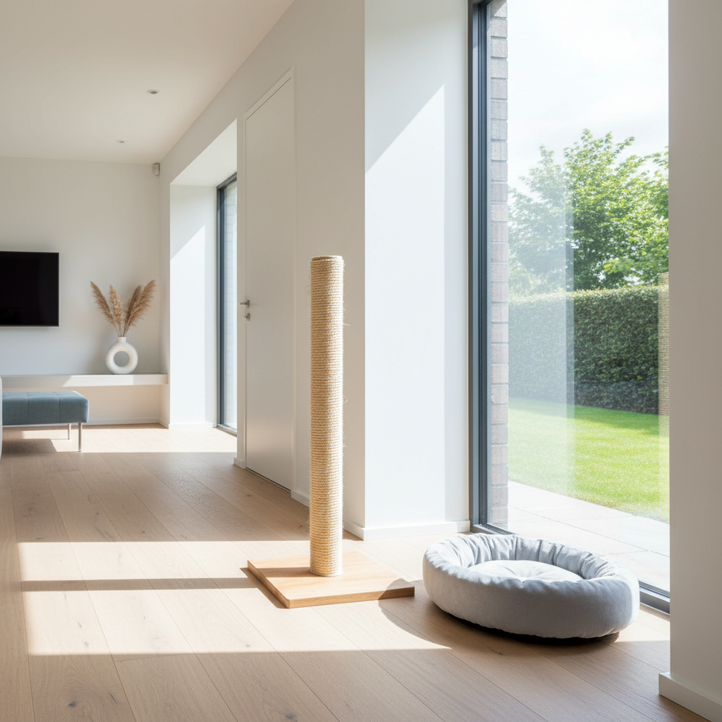 Scratch post placed near living room walkway and cat resting area