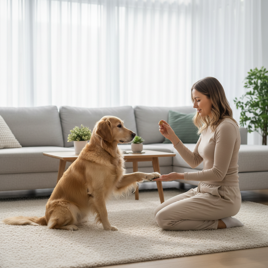 Dog learning the shake command with treats and a calm handler