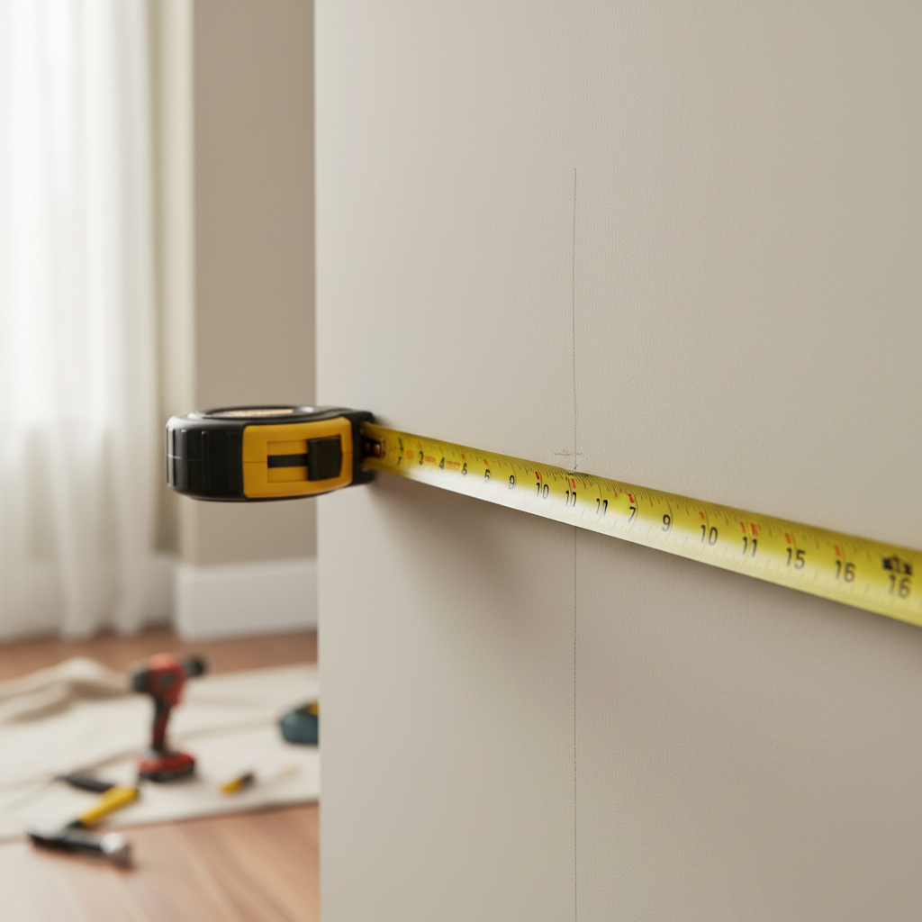 Marked stud centerline on a wall with tape measure showing 16-inch spacing