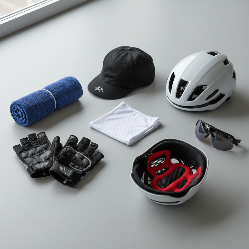 Cycling sweat management gear laid out: headband, cap, gloves, towel