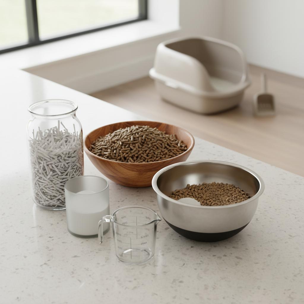 Homemade cat litter ingredients on a kitchen counter