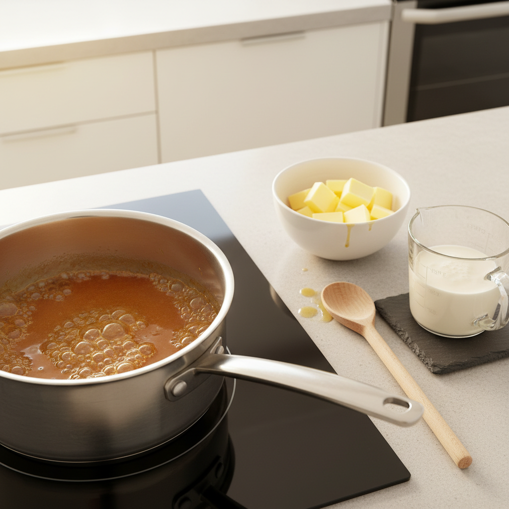 Saucepan of bubbling caramel with butter and cream nearby