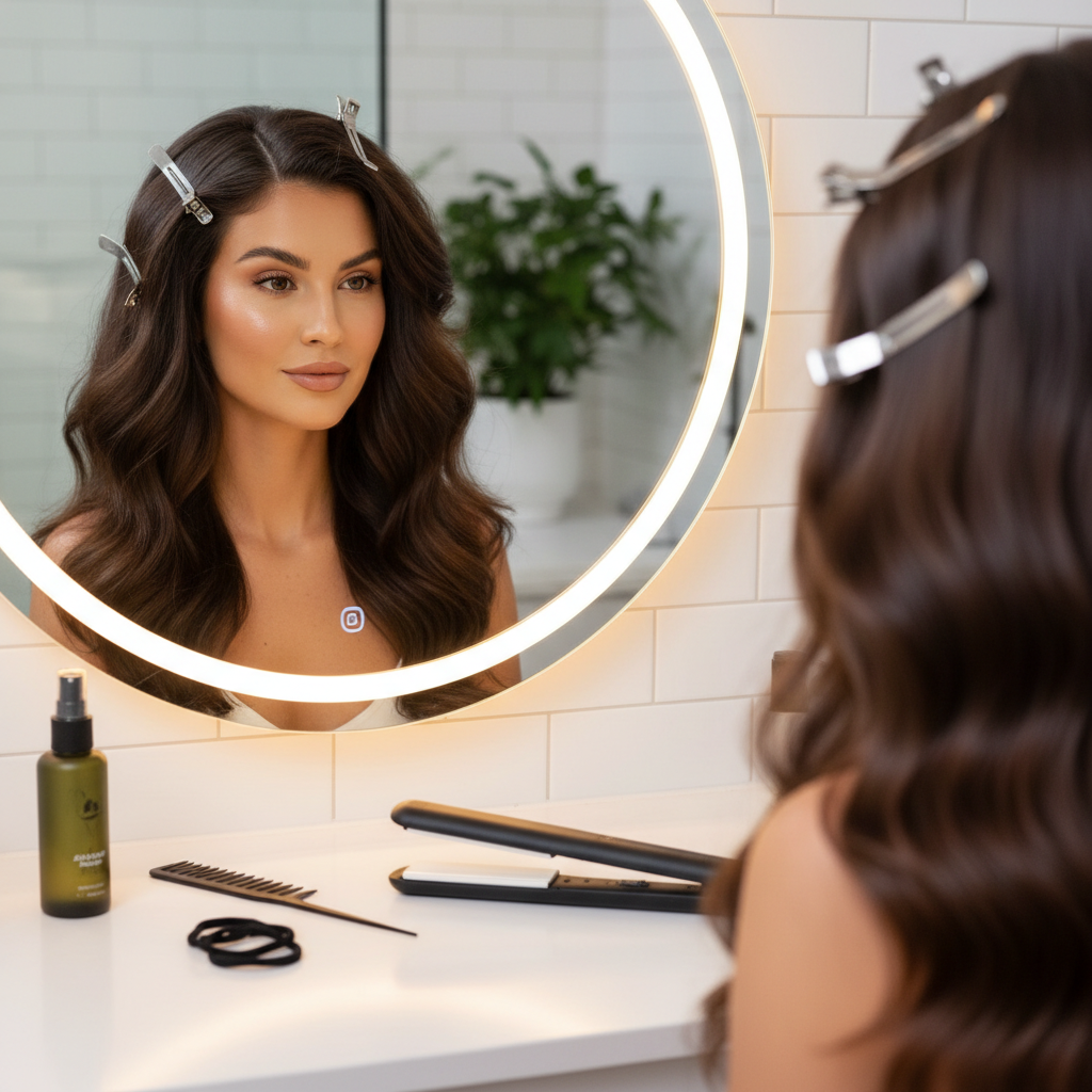 Sectioning thick hair for flat ironing with clips on a vanity