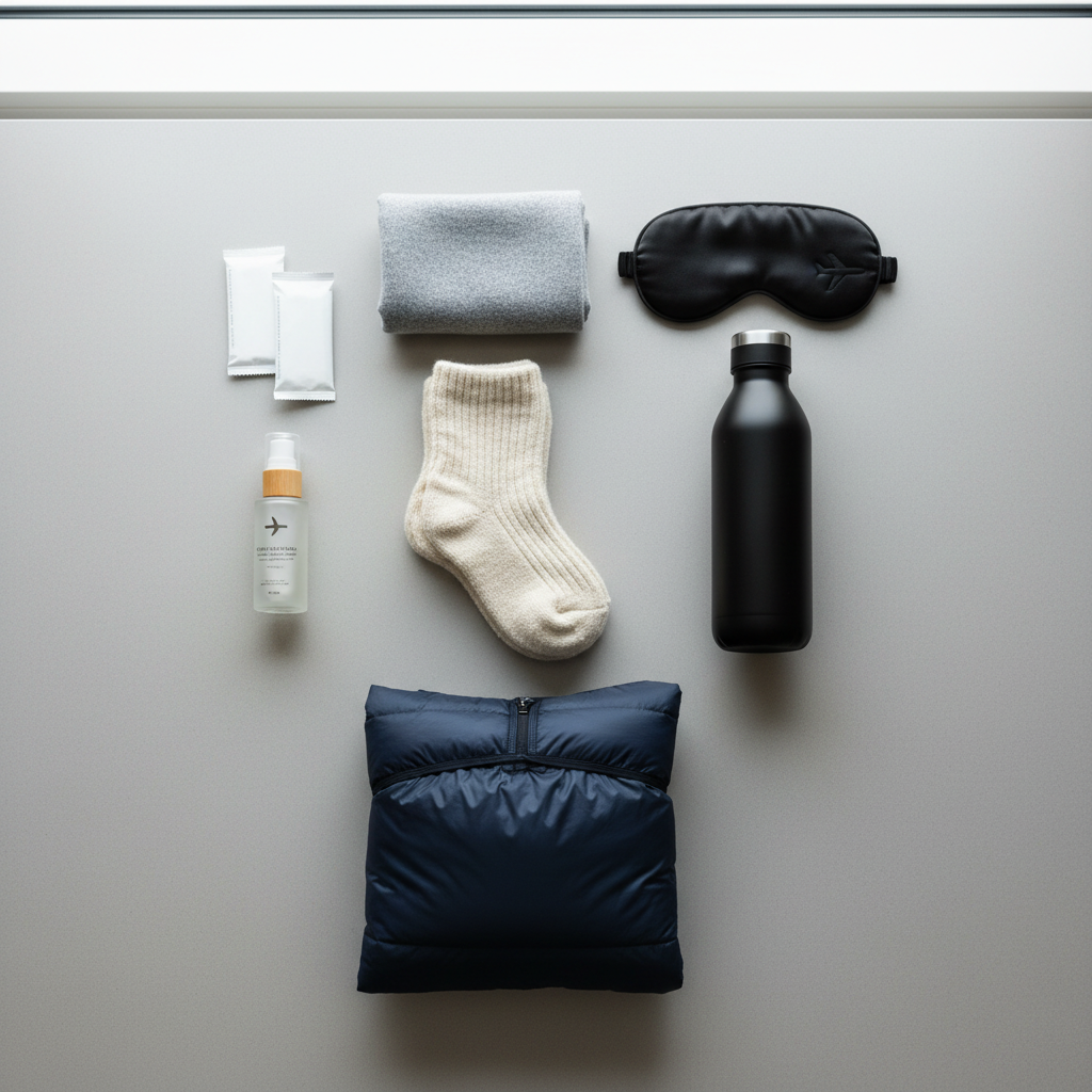 Compact warmth kit for cold flights including socks, scarf, and hand warmers laid out neatly