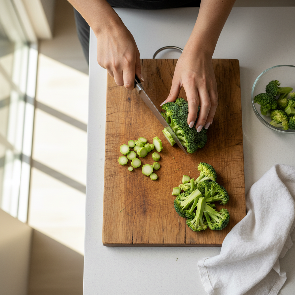 Broccoli florets cut into even sizes on a cutting board