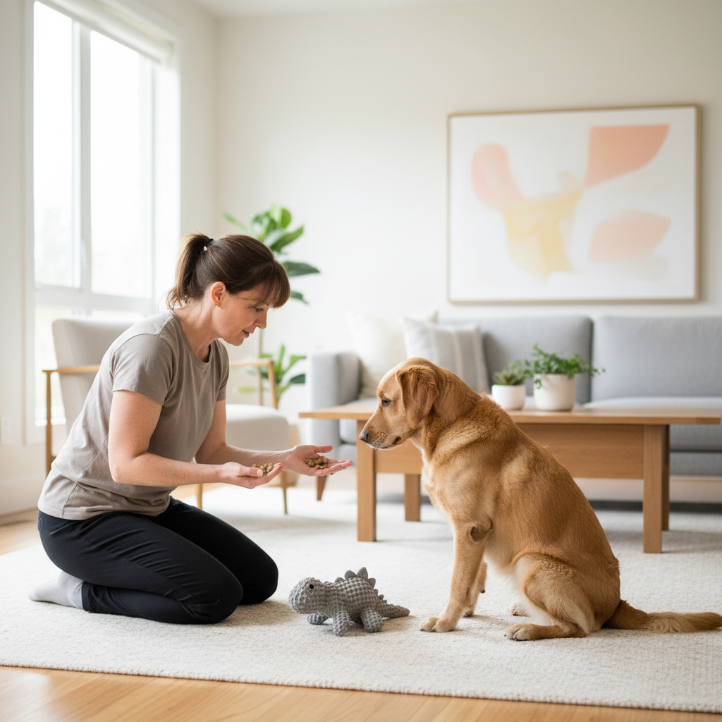 Dog learning fetch indoors with a trainer using a toy and treats