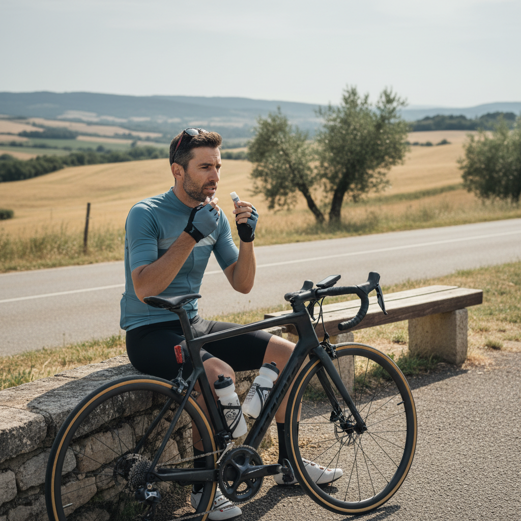 Cyclist reapplying lip sunscreen during a rest stop on a sunny route