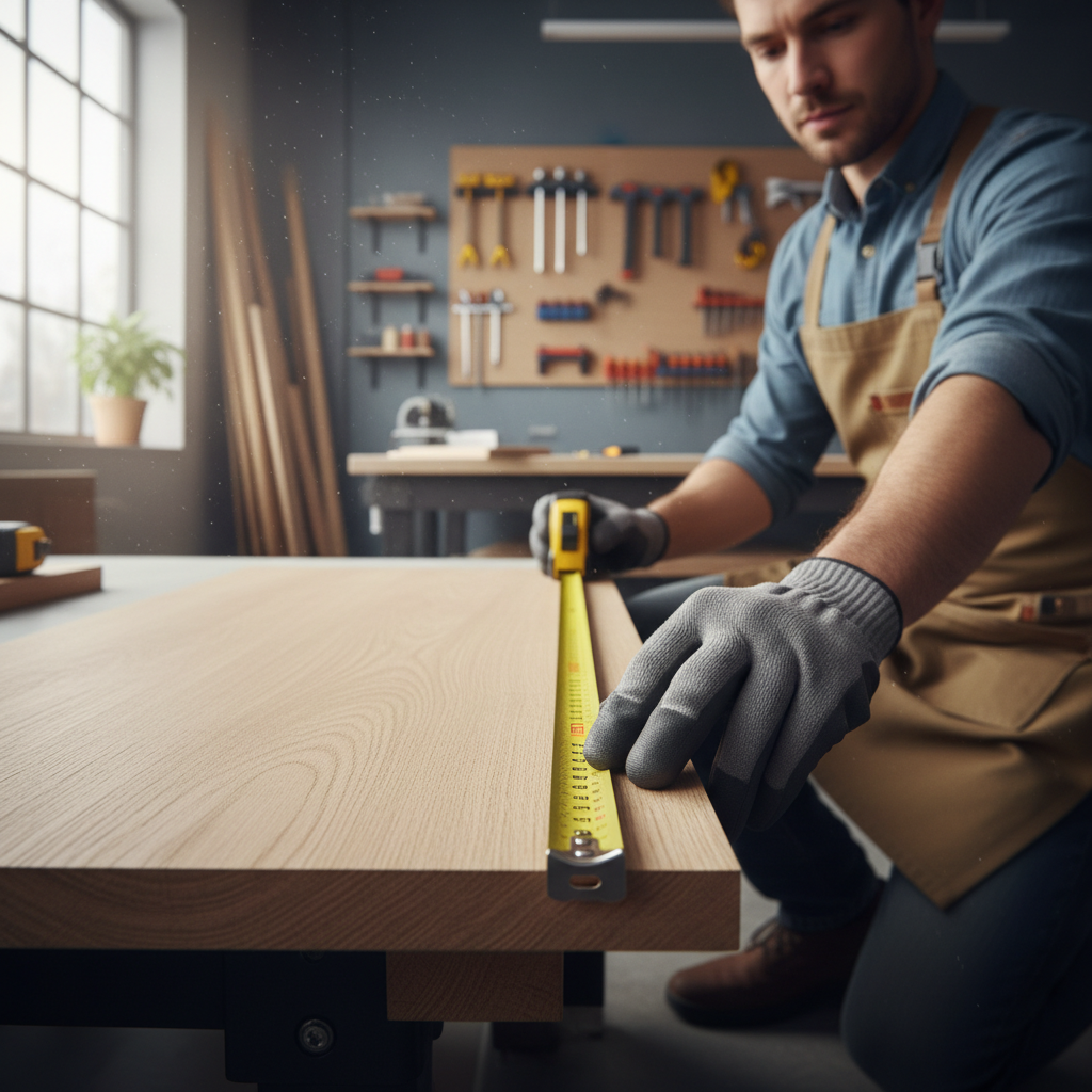 Hand reading a tape measure against a wooden board edge
