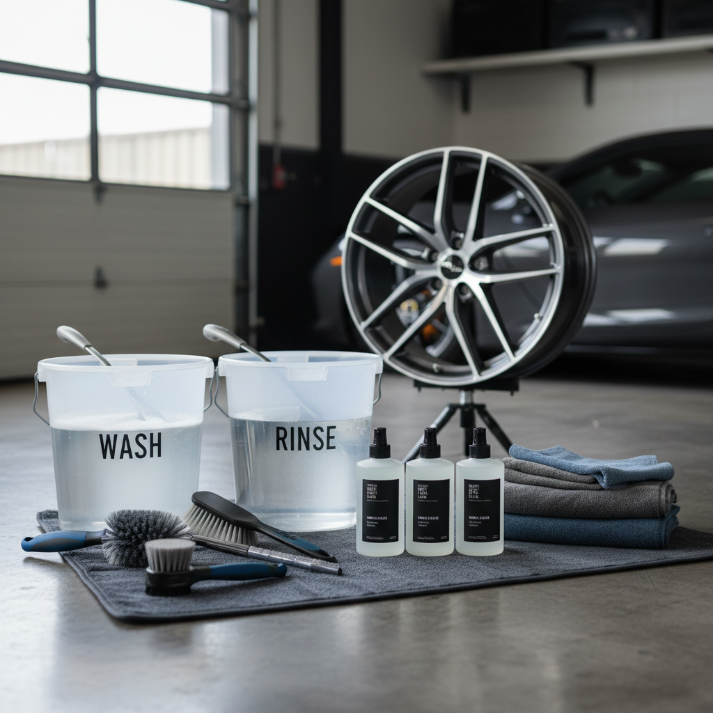 Wheel cleaning kit with brushes, pH-neutral cleaner, microfiber towels, and buckets