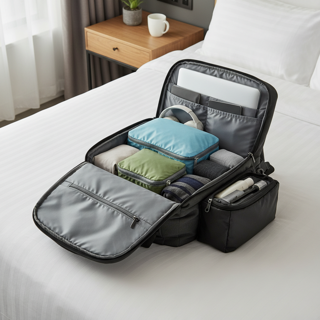 Packing cubes and rolled clothing inside a 40L travel backpack