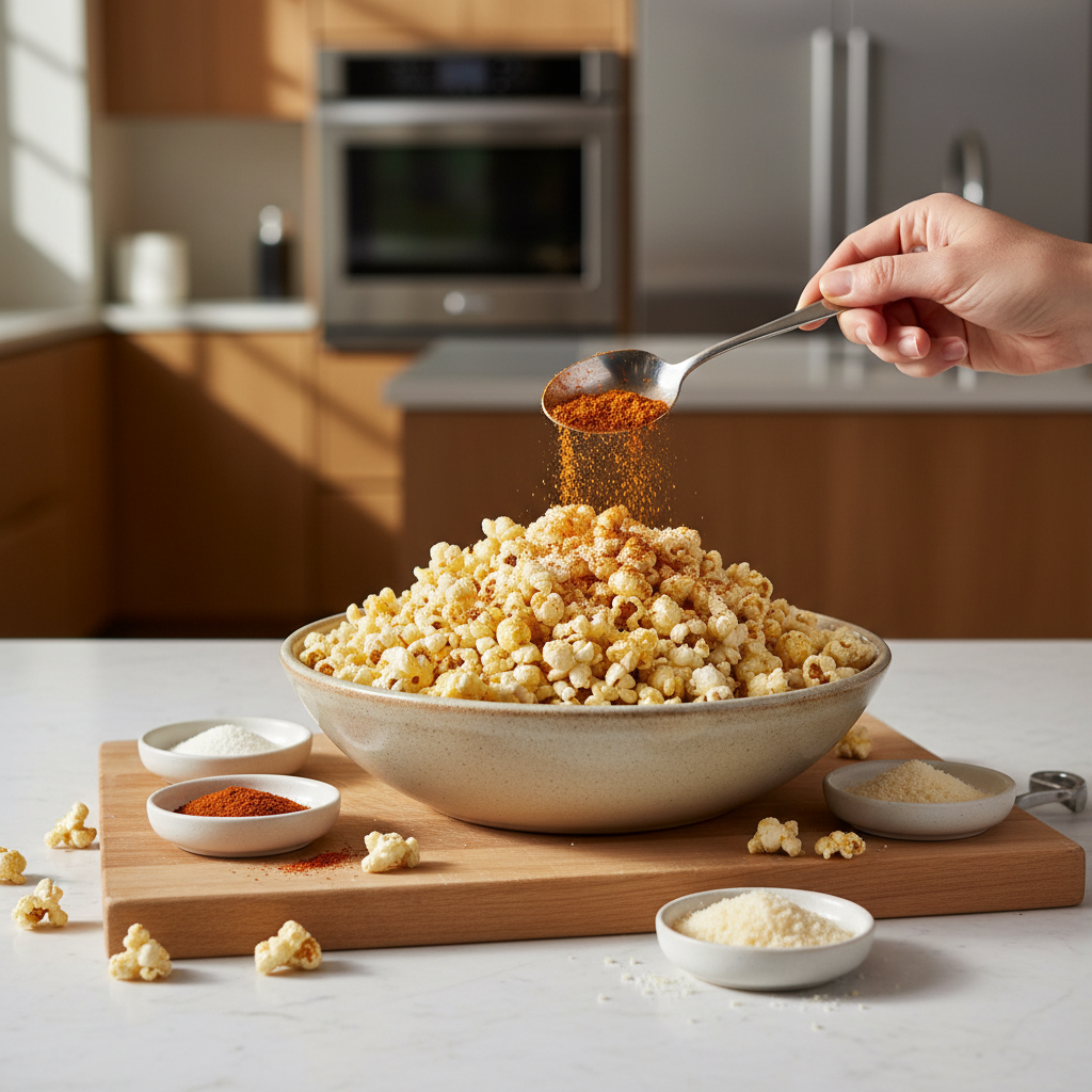 Seasoned salty buttery popcorn with spices and grated parmesan options