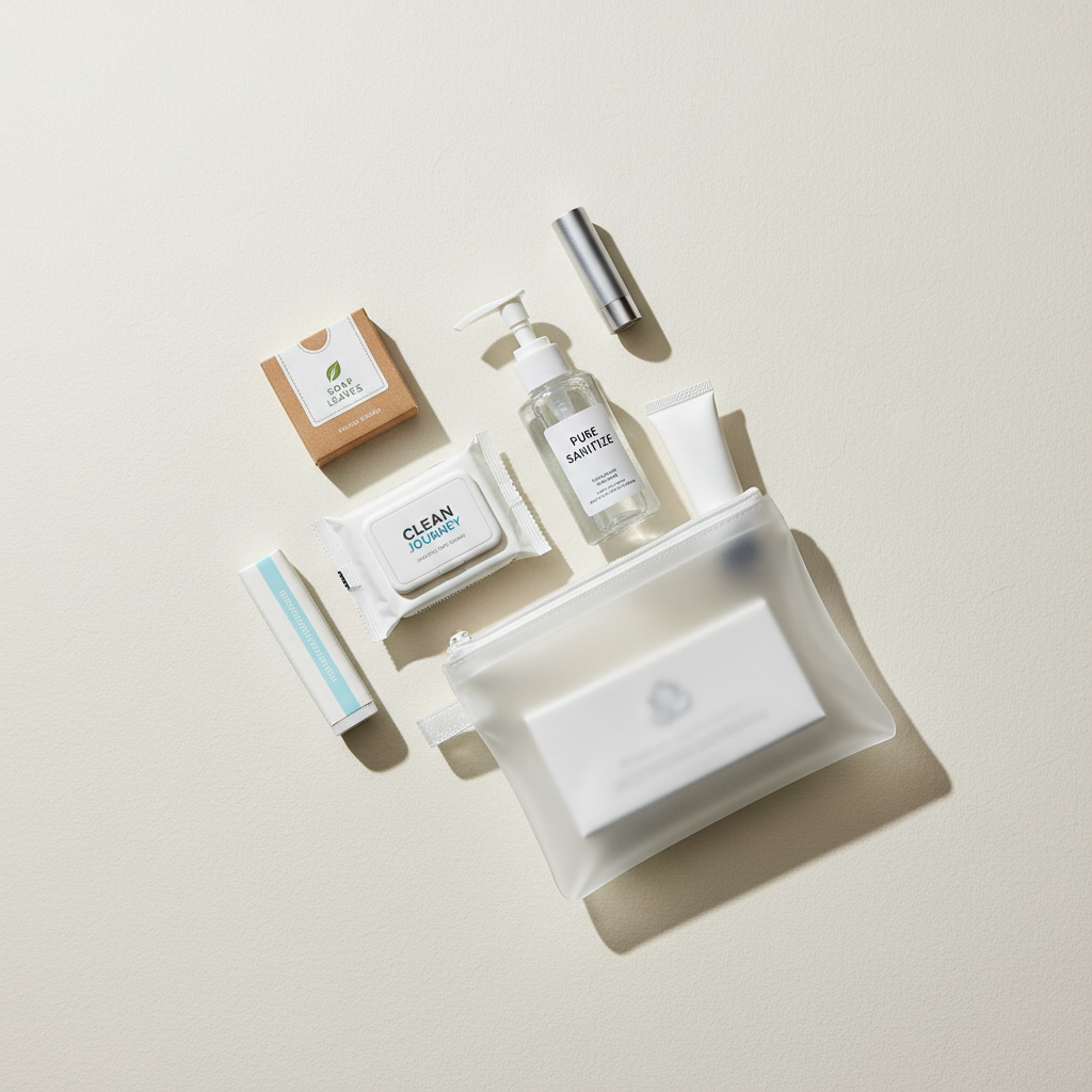 Compact travel hygiene kit with hand sanitizer wipes tissues and a small soap sheet pack