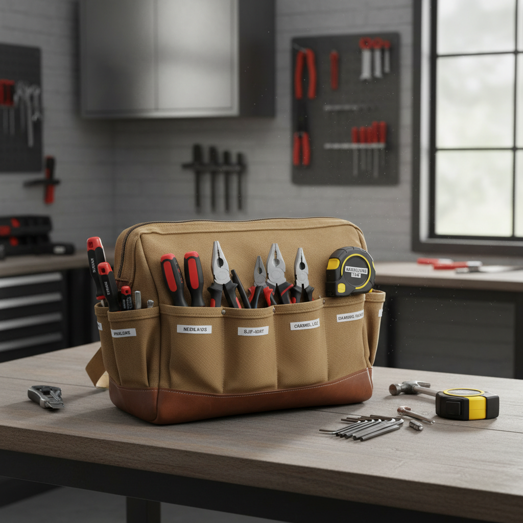 Organized tool bag with labeled pockets and grouped hand tools