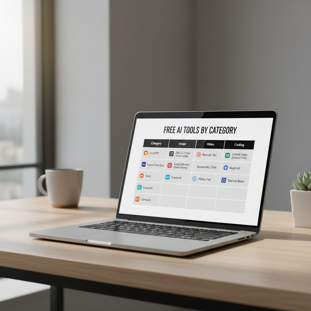 Comparison of free AI tools for 2026 by category on a laptop