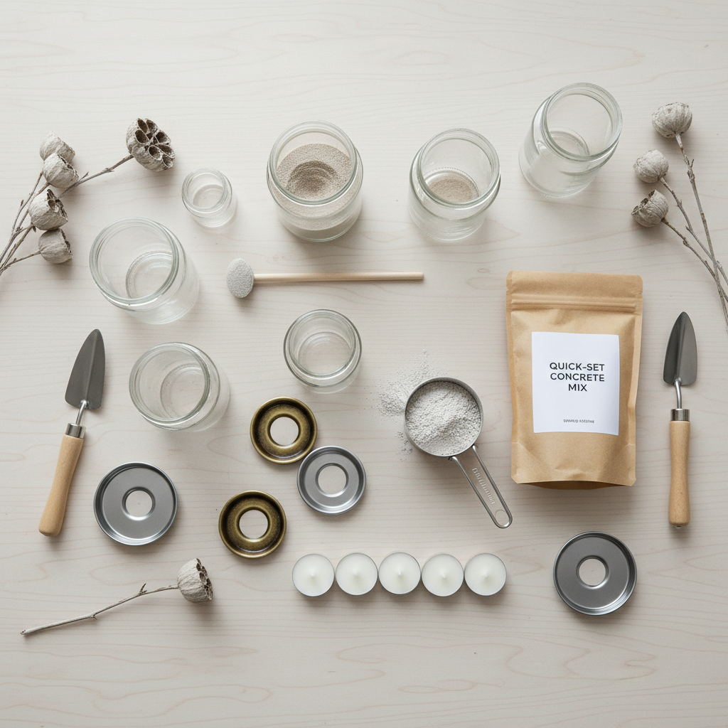 DIY candle holder supplies like jars, concrete mix, sand, and metal trays on a craft table
