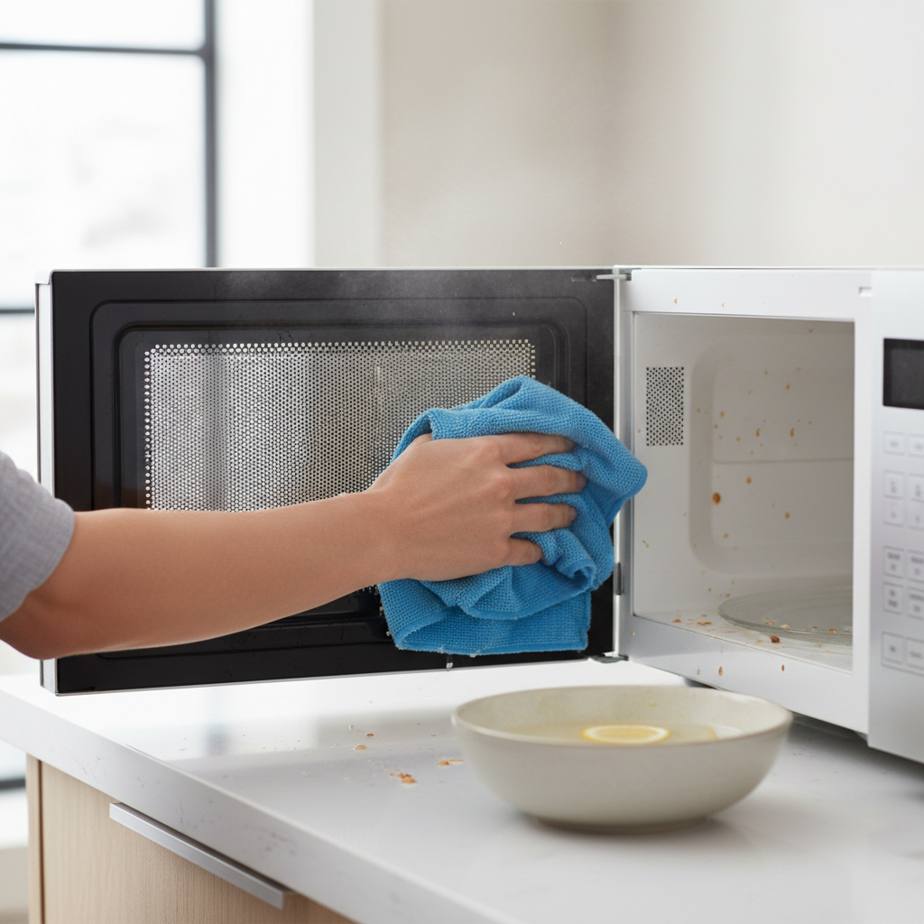 Wiping softened microwave splatters after lemon steam