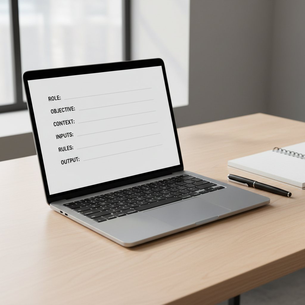 Prompt framework template on a laptop screen with business notes