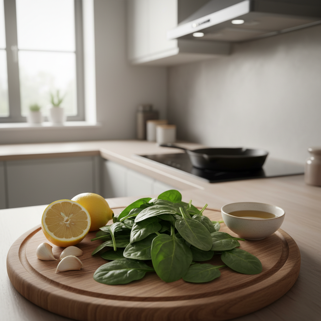 Fresh spinach leaves on a cutting board with garlic, lemon, and olive oil for healthy cooking