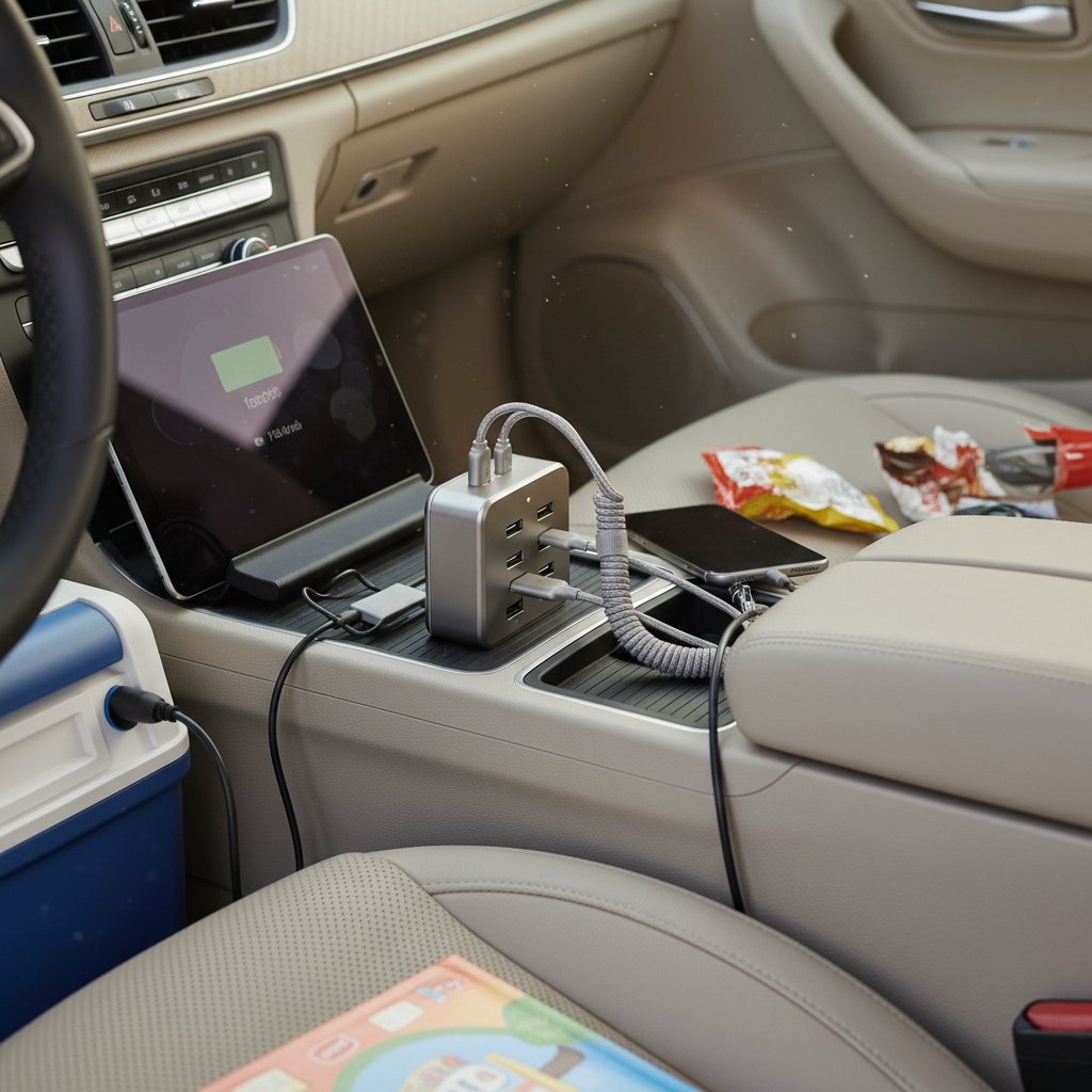 12V splitter with multiple USB ports used in a family car road trip setup