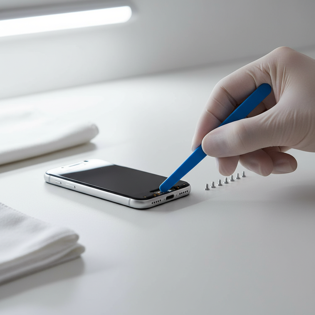 Using a plastic pry tool along a device seam after removing screws