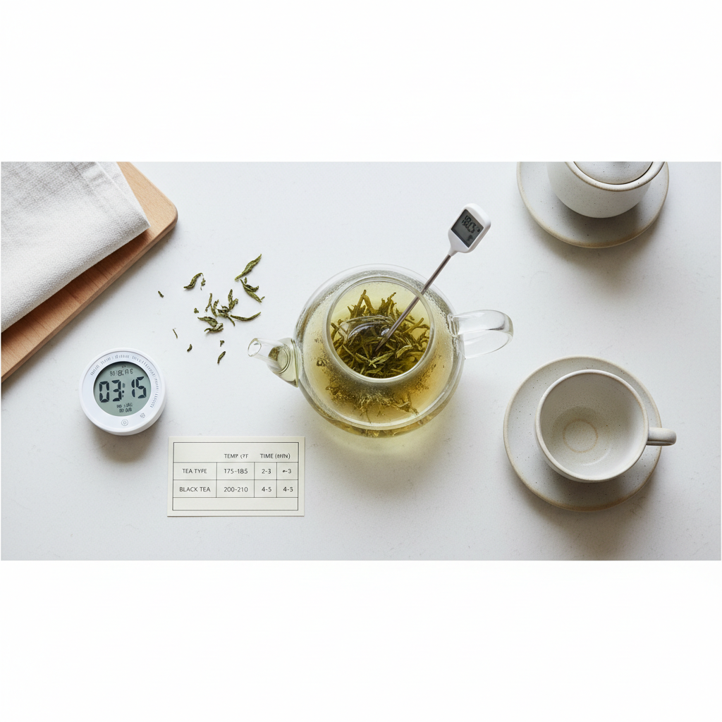Tea brewing temperature and steep time guide with thermometer and timer