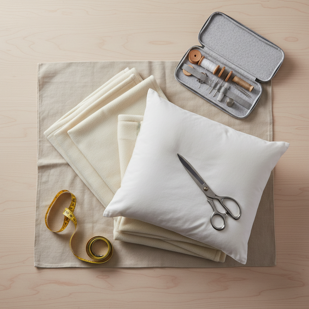 Materials for making a dog bed at home: blankets, pillow, canvas fabric, measuring tape