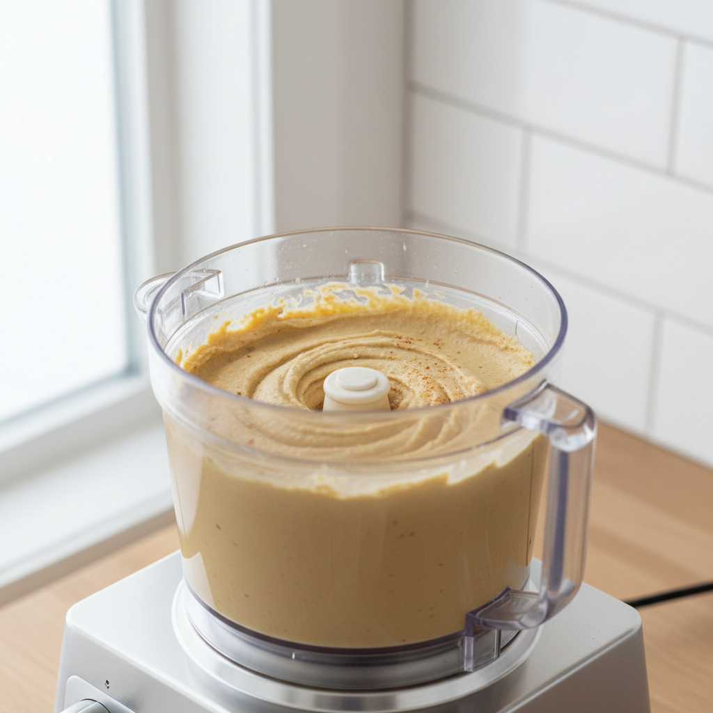Creamy hummus blending in a food processor for smooth texture