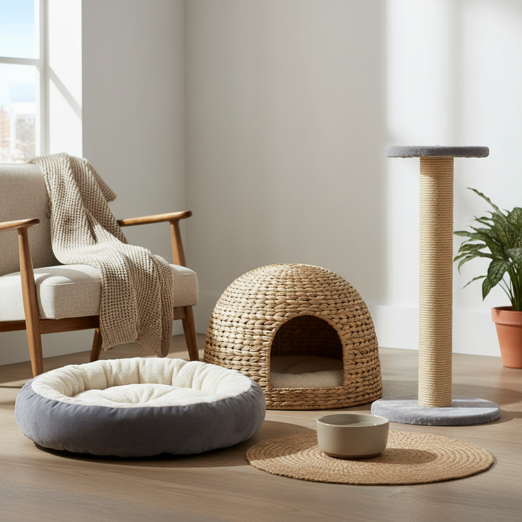 Calm home setup with cat bed, covered hideaway, and scratching post for a comfortable cat