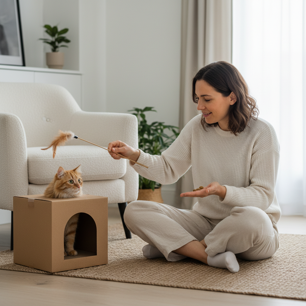 Owner calmly interacting with a shy cat using treats and a wand toy to build comfort and trust