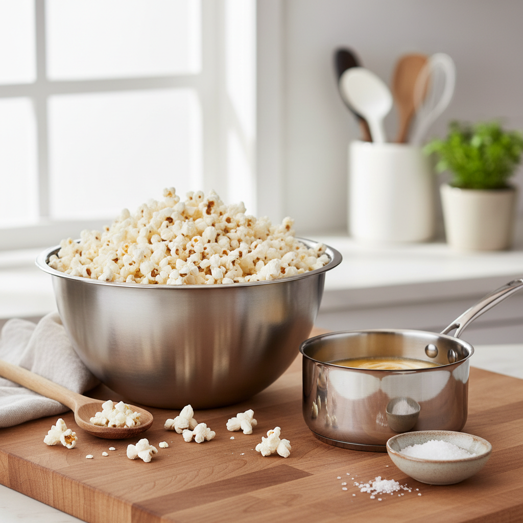 Salty buttery popcorn in a large bowl with melted butter and fine salt