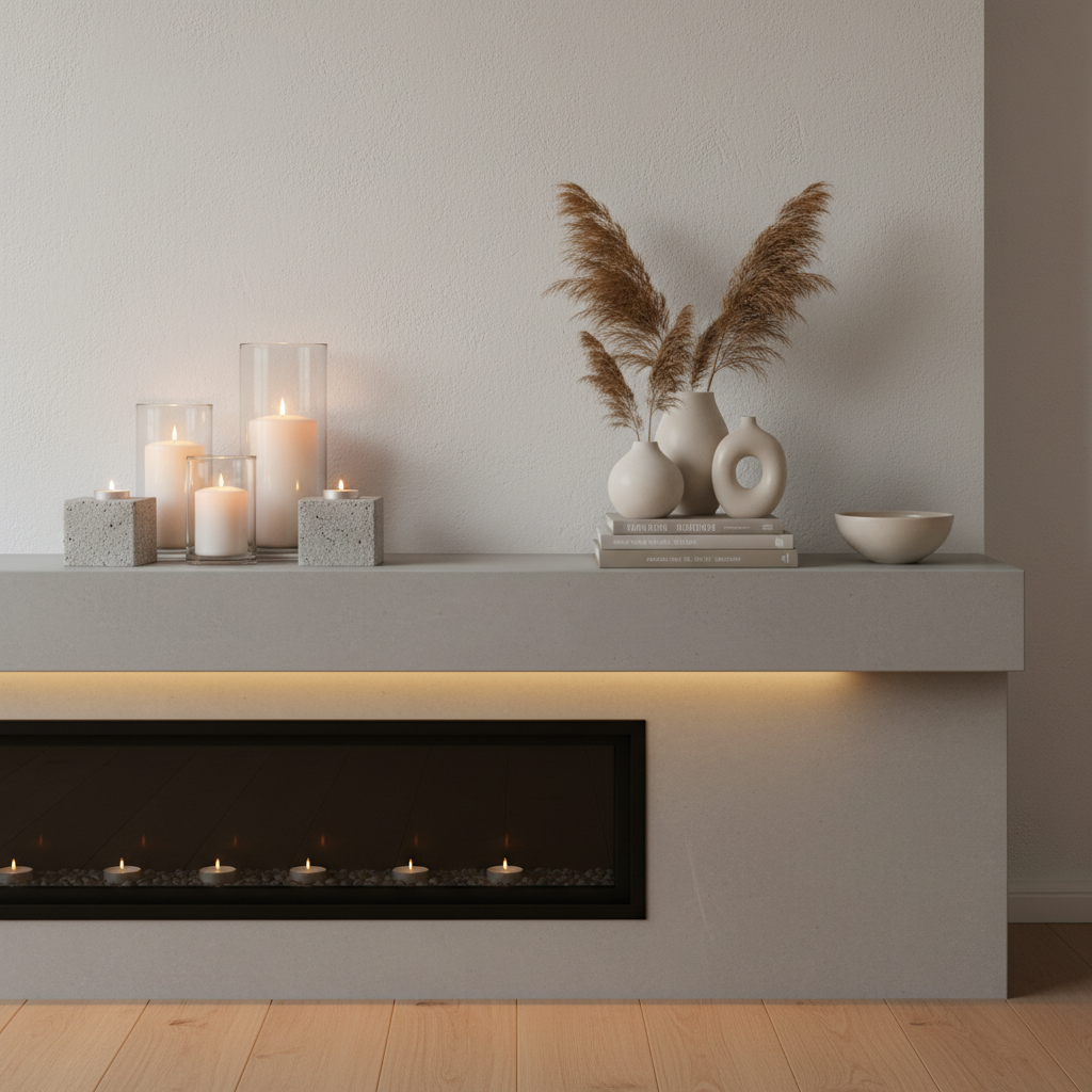 Decor styling with grouped DIY candle holders on a mantel with neutral accessories