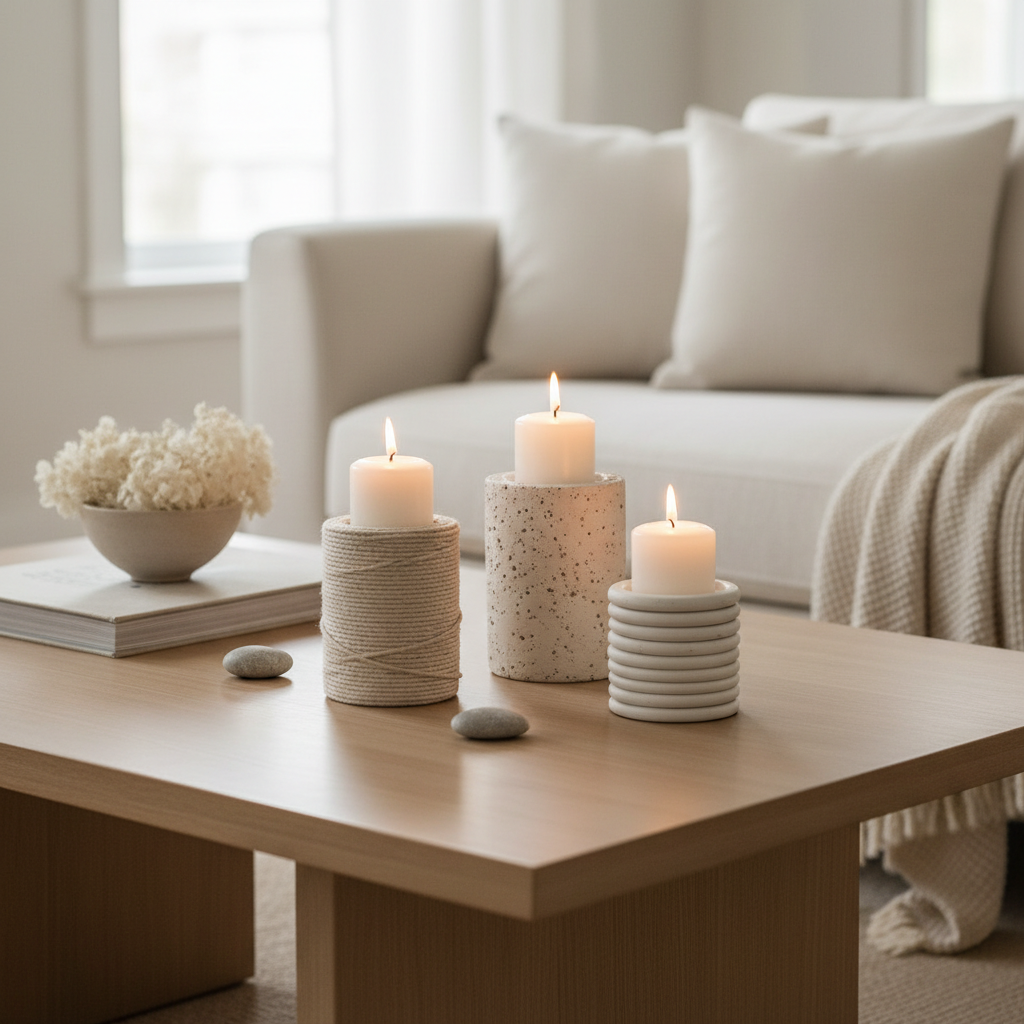 Simple DIY candle holders styled on a living room coffee table