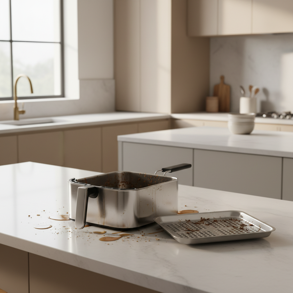 Air fryer basket and crisper plate with grease buildup and crumbs