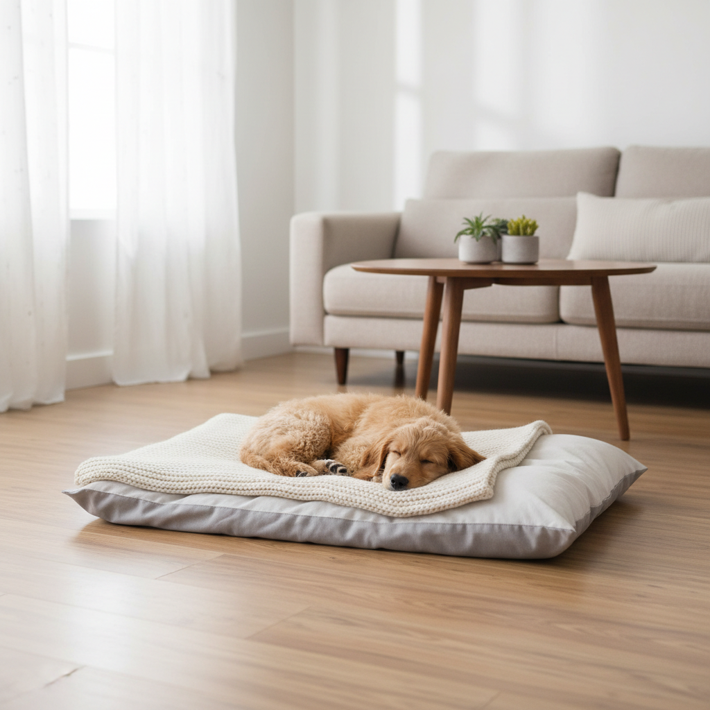 DIY dog bed made from a pillow and blanket on a living room floor