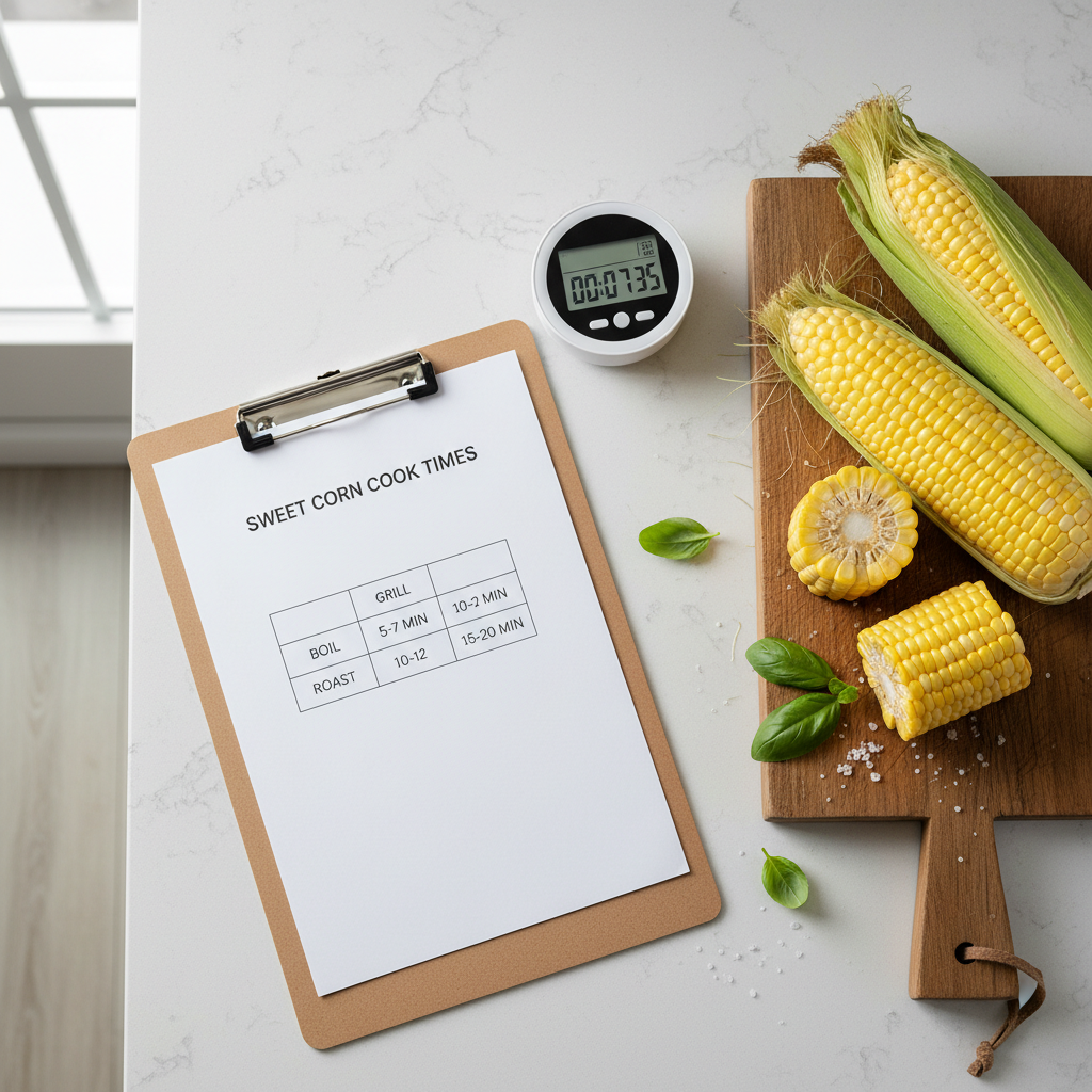 Cook time table for boiled corn on the cob with kitchen timer and corn