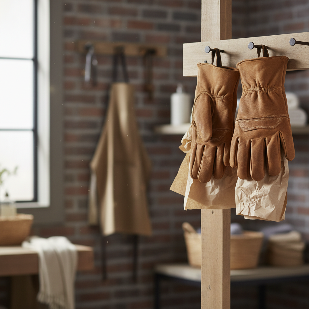 Leather work gloves air-drying indoors away from direct heat with paper stuffing to hold shape