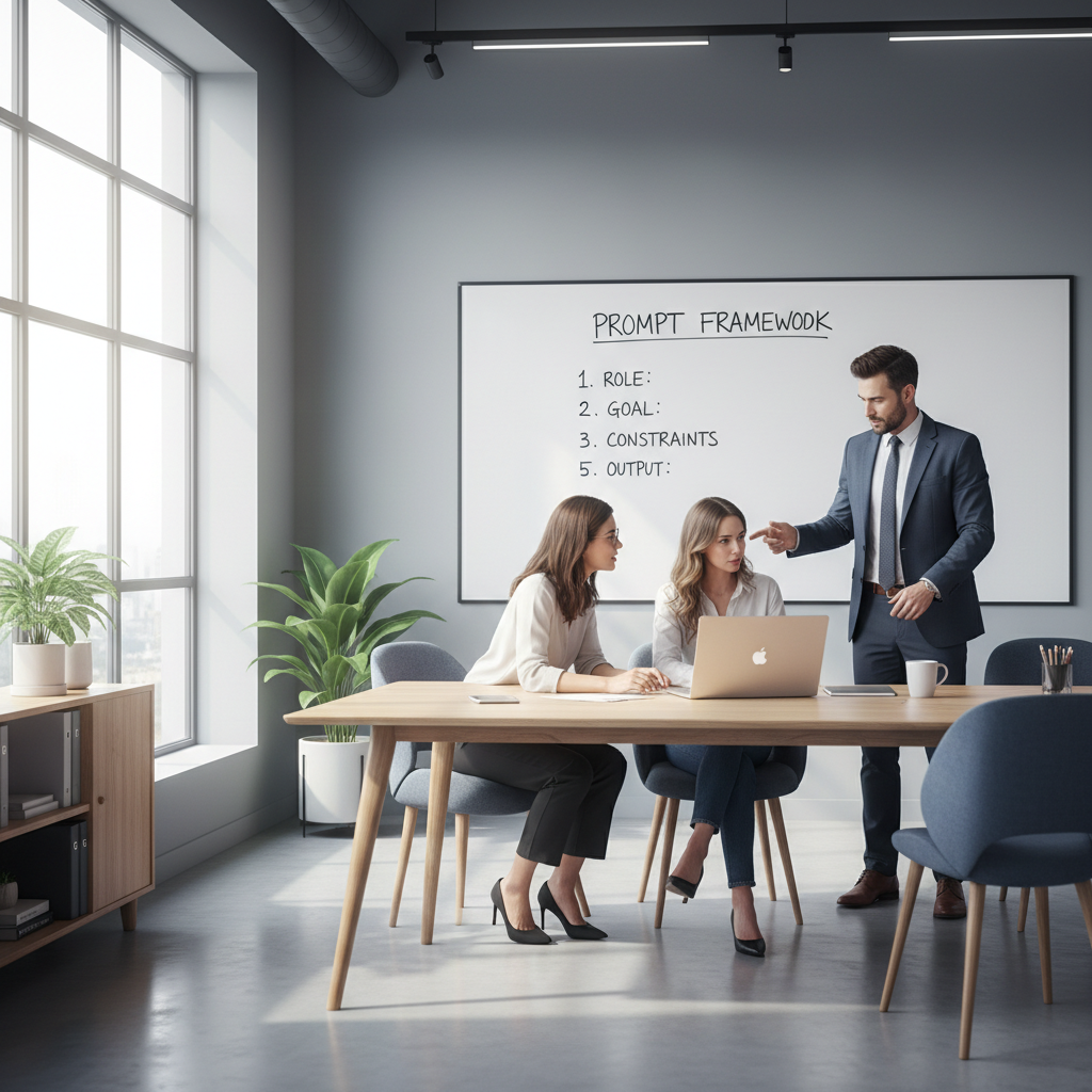 Business team drafting effective ChatGPT prompts in a modern office