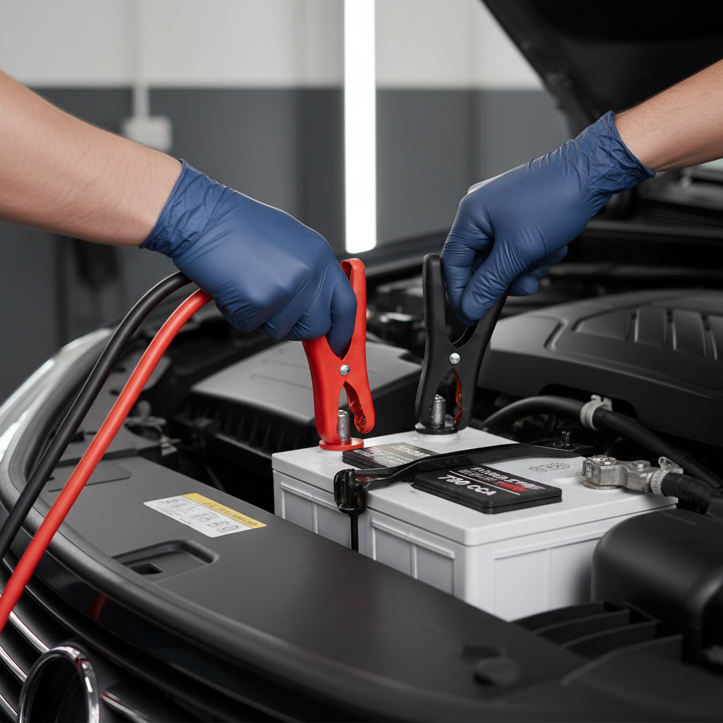 Close-up of correct jumper cable clamp order on car battery terminals