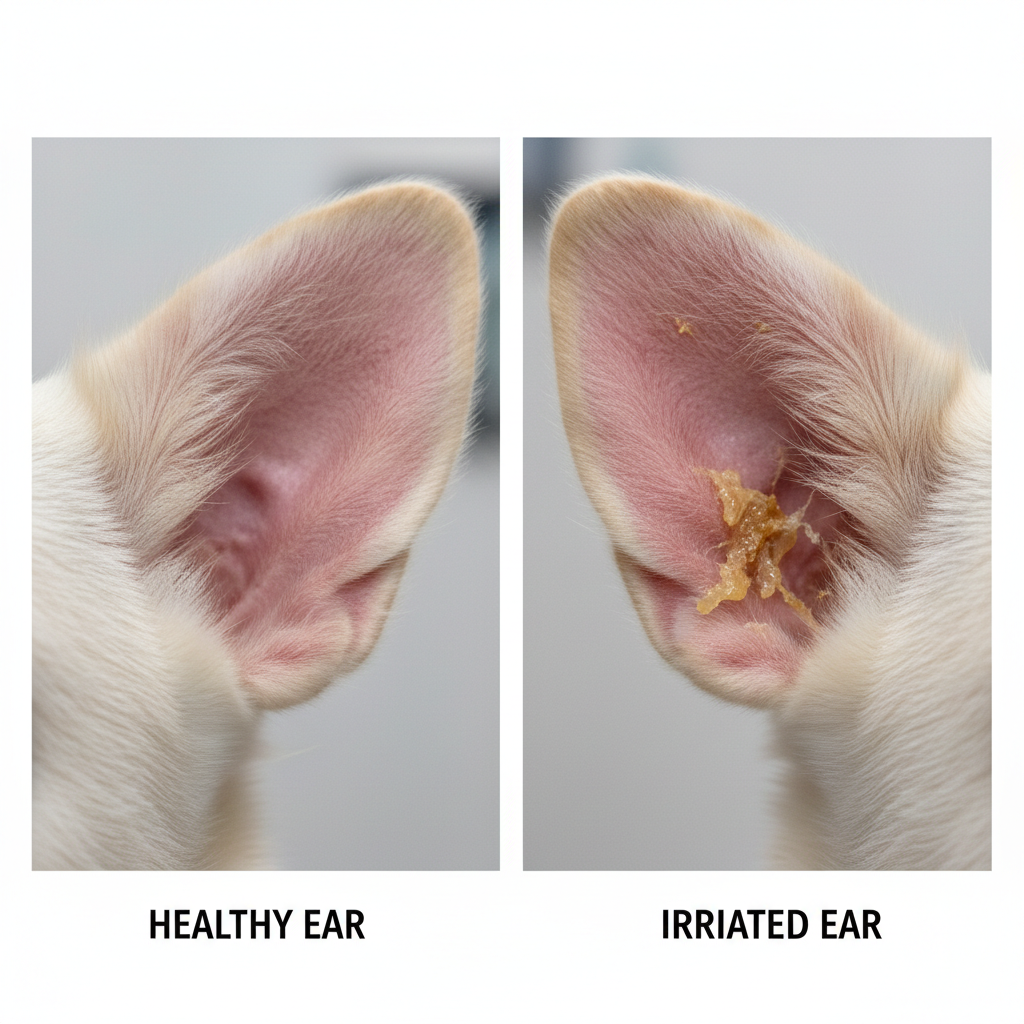 Close-up of a healthy dog ear versus irritated ear signs