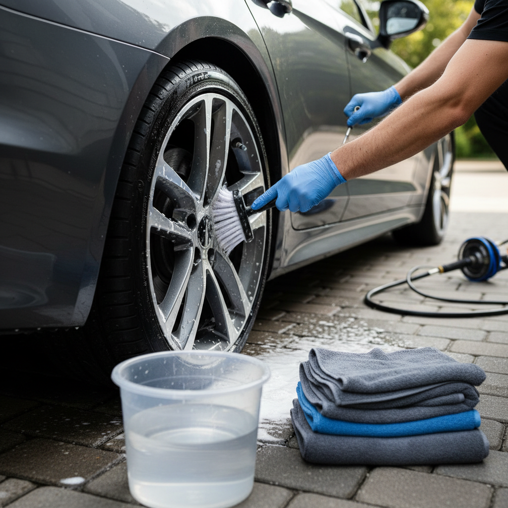 Detailer using a soft brush to clean wheel spokes while wheel cleaner dwells