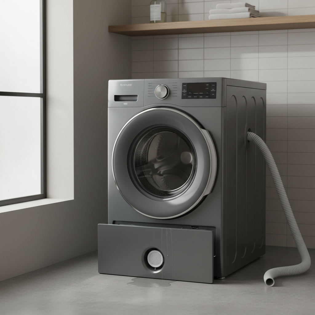 Front-load washer filter access panel and drain hose location