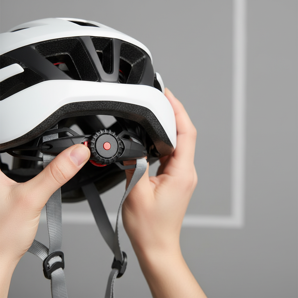 Close-up of rear helmet retention dial being tightened