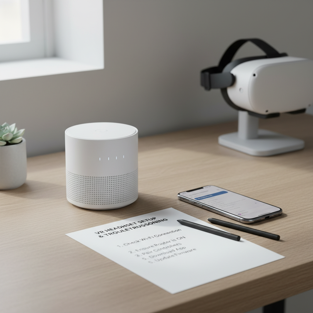 Meta Quest 3 troubleshooting checklist on a desk with router and smartphone