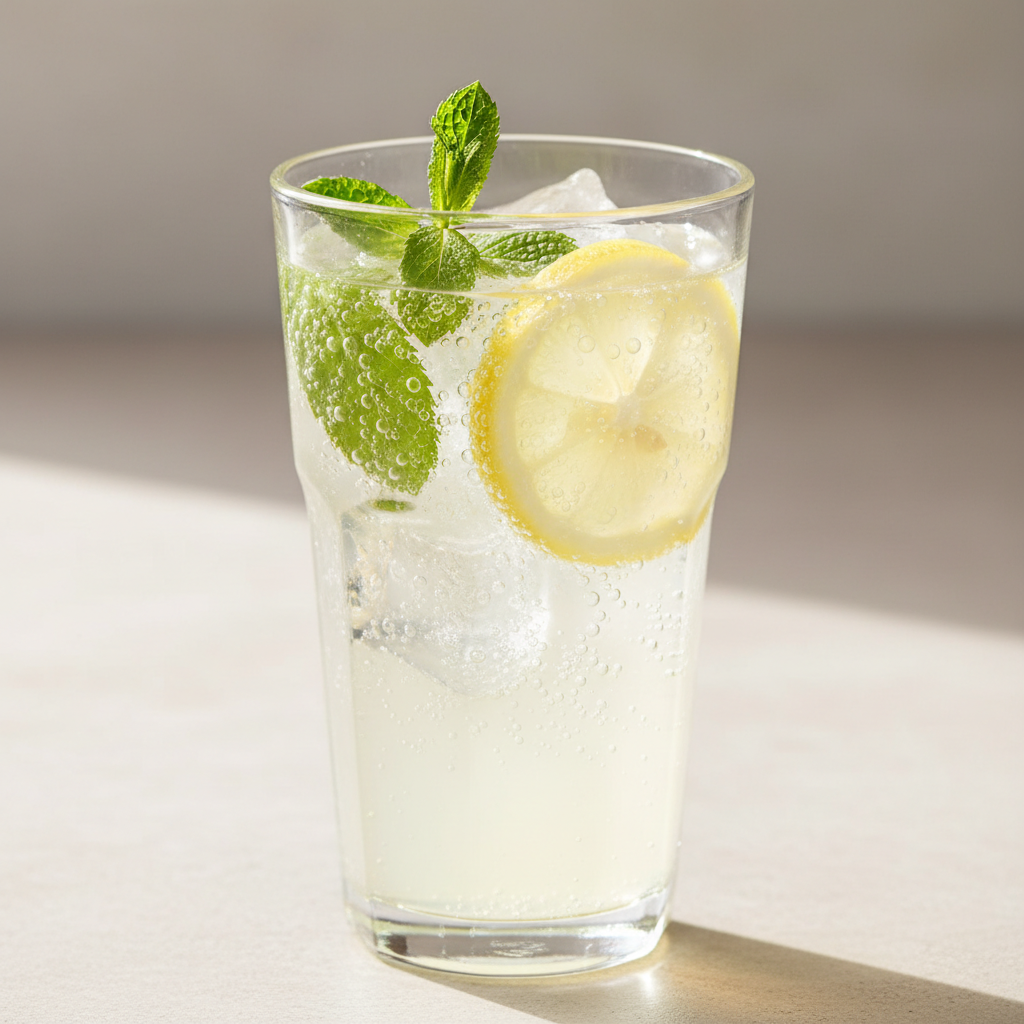 Sparkling lemonade with mint and lemon slices served in a tall glass