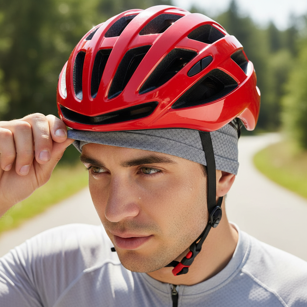 Cyclist wearing headband under helmet to stop sweat from reaching eyes